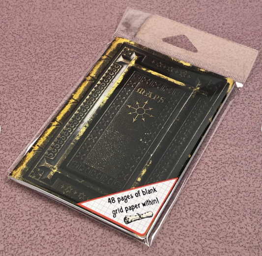 Ancient Tome Cartography Mapping RPG Notebook with black and gold Maps cover, 48 blank grid pages.