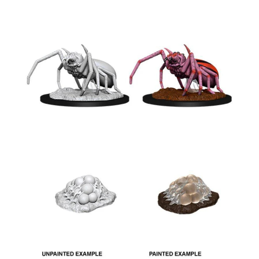 D&D Nolzurs W12 unpainted Giant Spider and Egg Clutch miniatures, primed, on a white background.