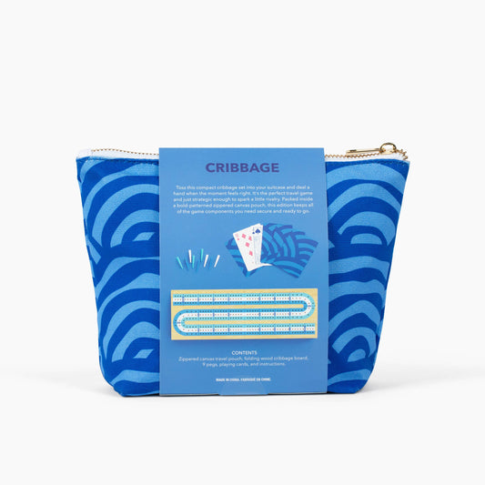 Canvas Classics Cribbage set with blue-patterned zippered pouch, label, compact game pieces, and travel cribbage board.