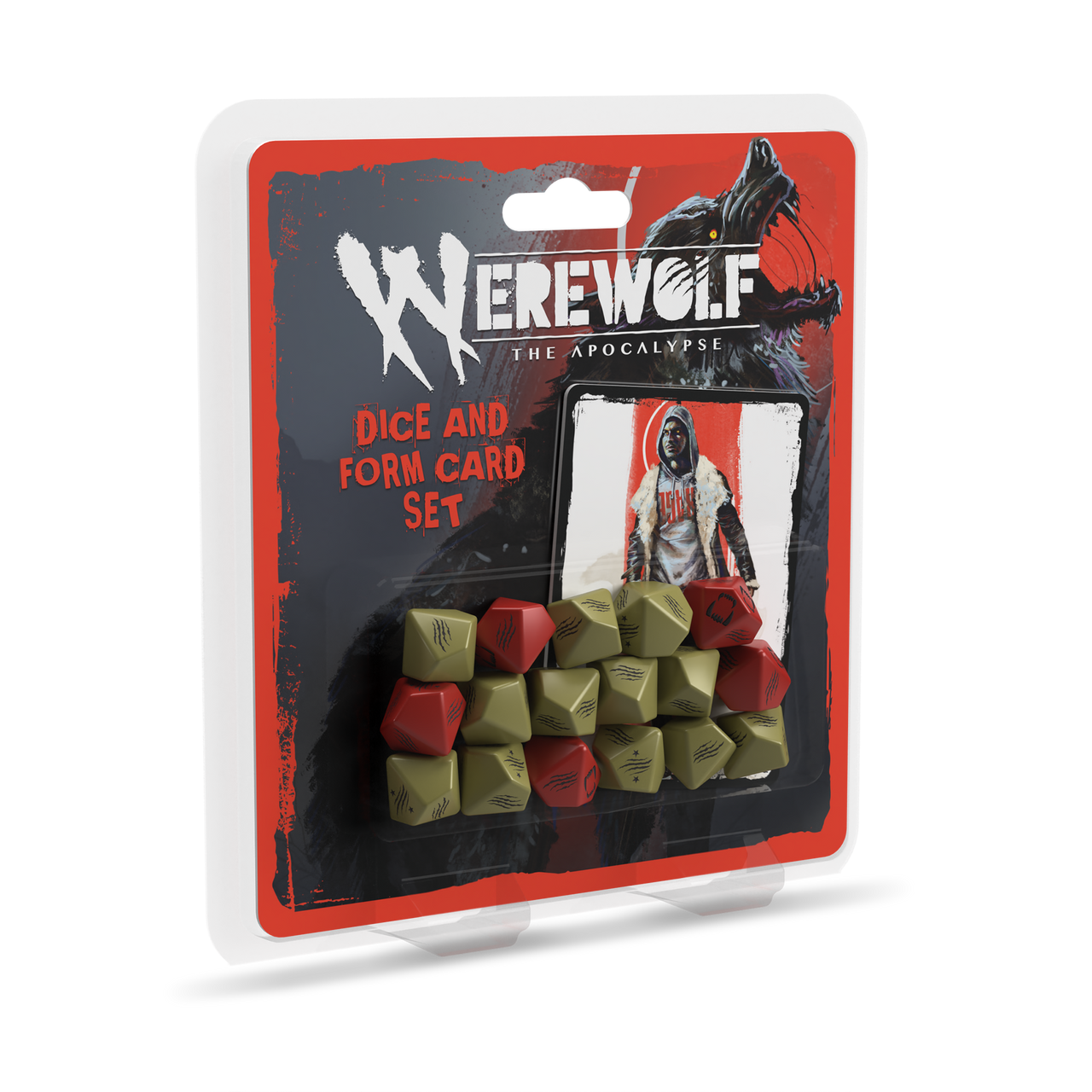 Custom green and red d10 dice set with form card for Werewolf: The Apocalypse 5th Edition RPG in blister pack.
