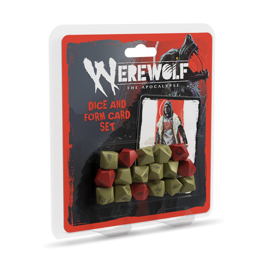 Custom green and red d10 dice set with form card for Werewolf: The Apocalypse 5th Edition RPG in blister pack.