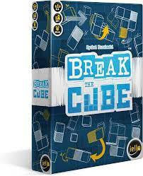 Break the Cube board game box for multiplayer puzzle, featuring blue background with illustrated cubes and yellow arrows.