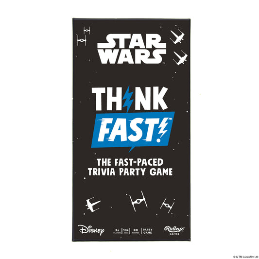 Star Wars Think Fast game box by Ridley’s Games with ships and lightning bolts on a black background.
