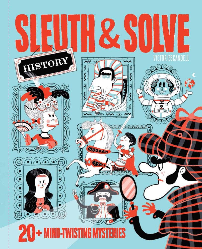 Sleuth & Solve interactive puzzle book featuring a cartoon detective and history-themed mysteries.