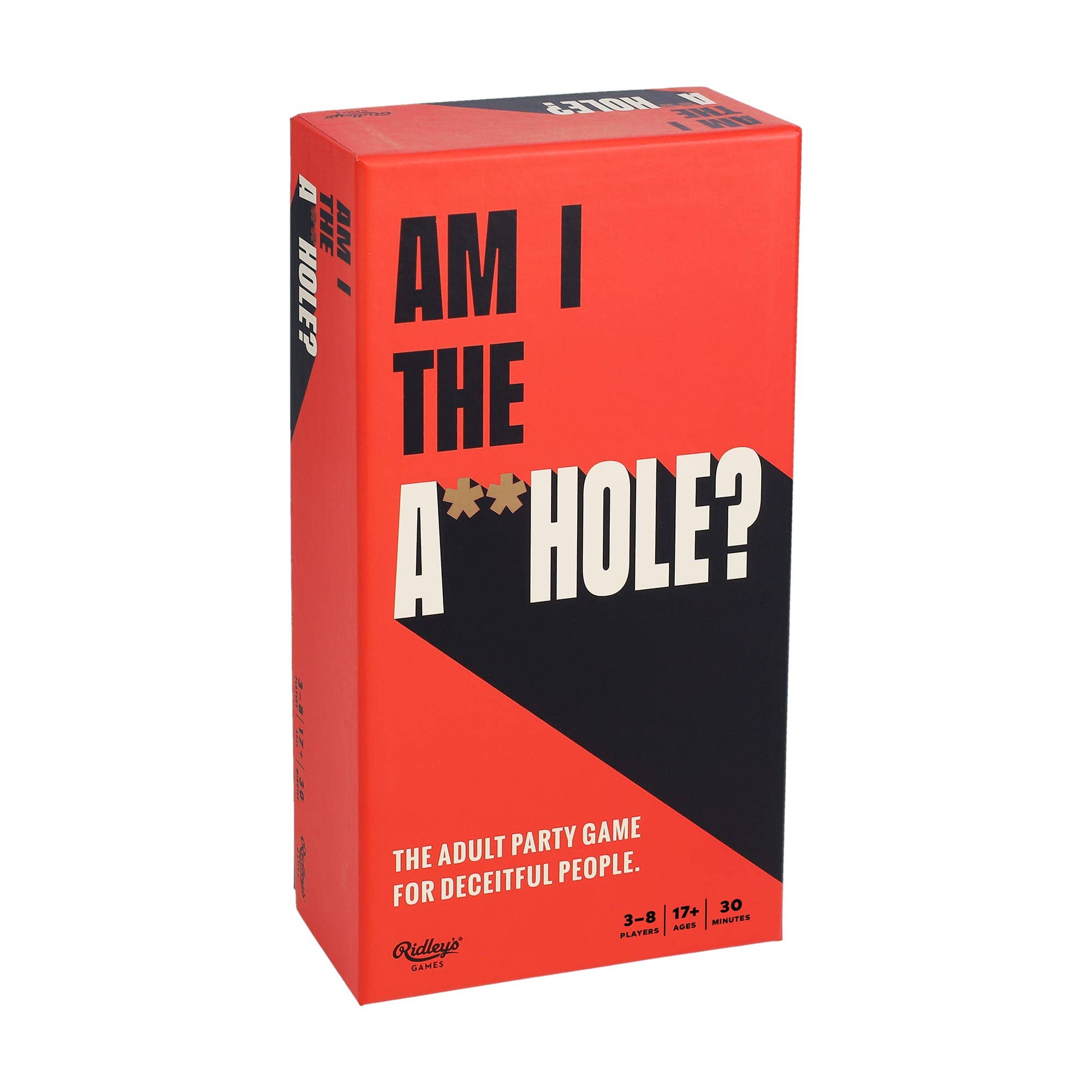 Am I The A**hole? red box, social deduction game for 3-8 players, ages 17+, plays in 30+ minutes.