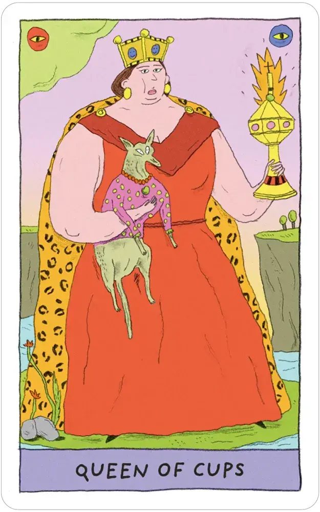 Whimsical Witch Tarot in a Tin packaging with crowned woman in red, holding cup and goat, wearing leopard cape.