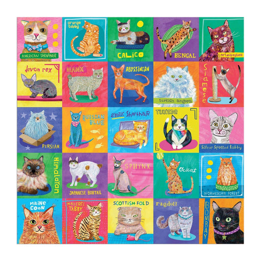 Purr-fect Portraits 500 Piece Puzzle featuring a grid of various cat breeds.