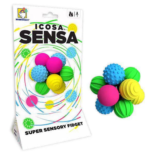 Icosa Sensa sensory fidget toy with pink, blue, green, and yellow balls. Packaging visible in background.