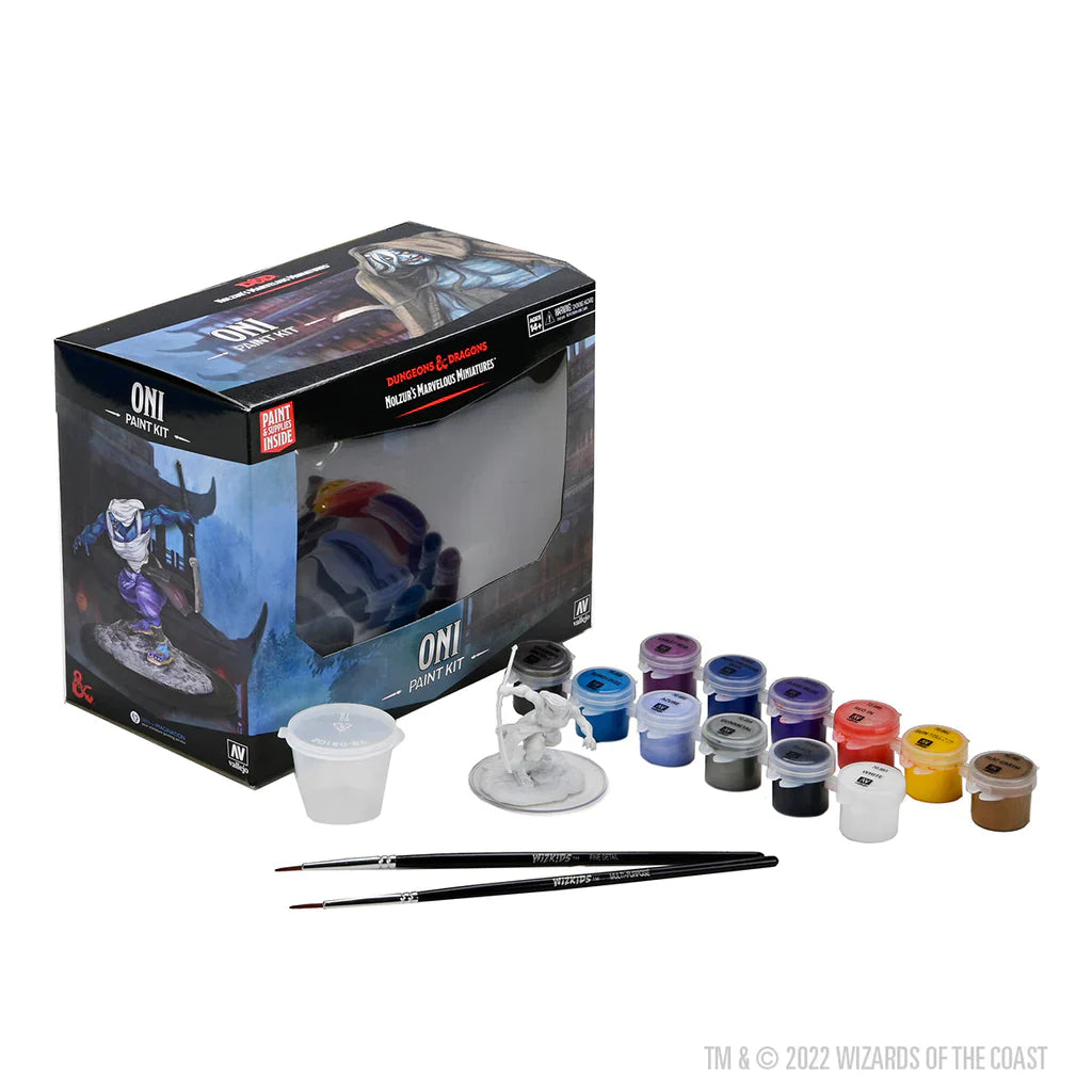 Dungeons & Dragons Nolzurs Marvelous Miniatures Paint Kit - Oni with Vallejo paints, brushes, cup, and Oni mini.