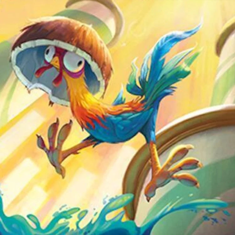 Rooster with a coconut shell leaping over a blue splash, Lorcana Casual Coconut event at Gamelandia.