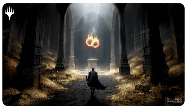 Virtue of Loyalty (WoE) MTG Playmat featuring a cloaked figure in a golden hall with two flaming rings.
