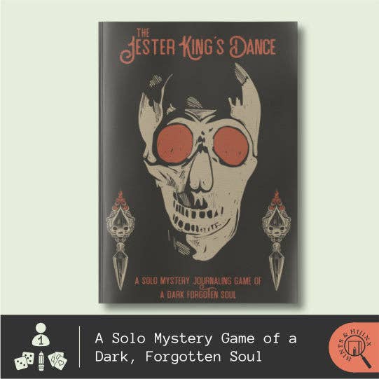 Jester Kings Dance 2e book cover featuring a skull with red eyes and ornate earrings; solo journaling mystery game.