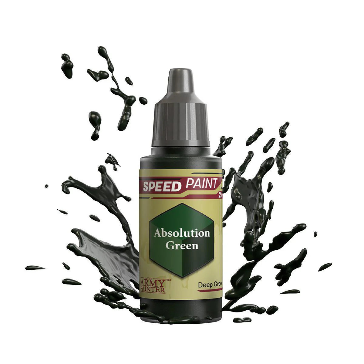 Army Painter Speedpaint Absolution Green bottle with green splashes on a white background.