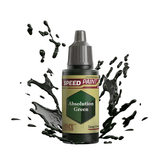 Army Painter Speedpaint Absolution Green bottle with green splashes on a white background.