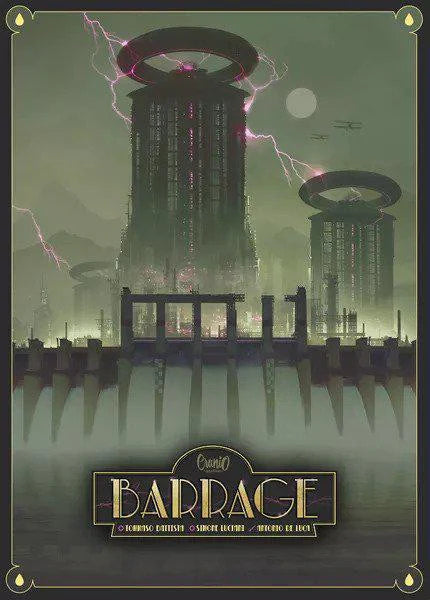 Barrage board game with futuristic towers, lightning, and flying vehicles in a stormy setting.