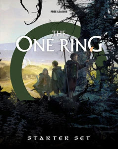 The One Ring Starter Set box with title and illustration of three adventurers walking in a forest.