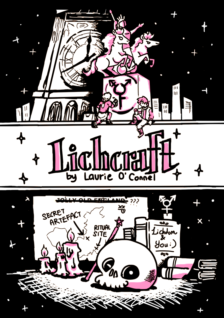 Lichcraft book cover featuring unicorn statue, castle, candles, and skull.