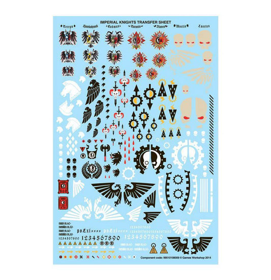 Knight Questoris/Preceptor Canis Rex decal sheet featuring Lords of War symbols, numbers, and icons.
