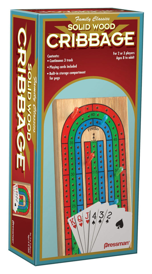 Wooden cribbage board, playing cards, and colorful cribbage pegs in a folding box.