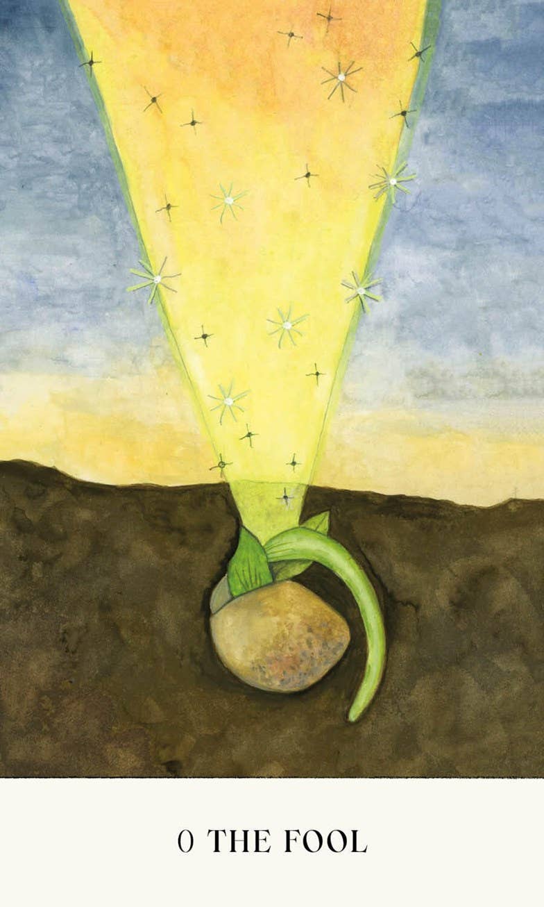 Soul Tarot card labeled “0 THE FOOL” featuring a sprouting seed with yellow light and stars.