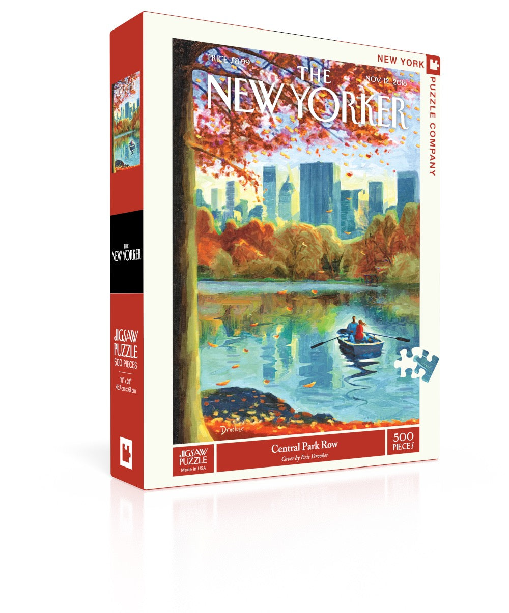 The New Yorker Central Park Row 500 piece puzzle with a fall scene, rowboat, and city skyline.