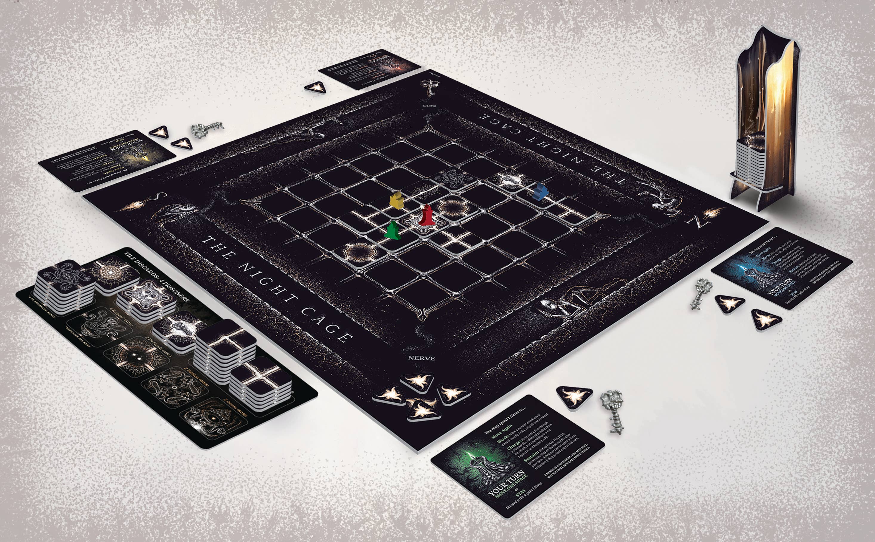 The Night Cage board game for 1-5 players with cards, tokens, and player pieces included.