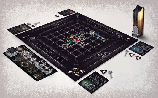 The Night Cage board game for 1-5 players with cards, tokens, and player pieces included.
