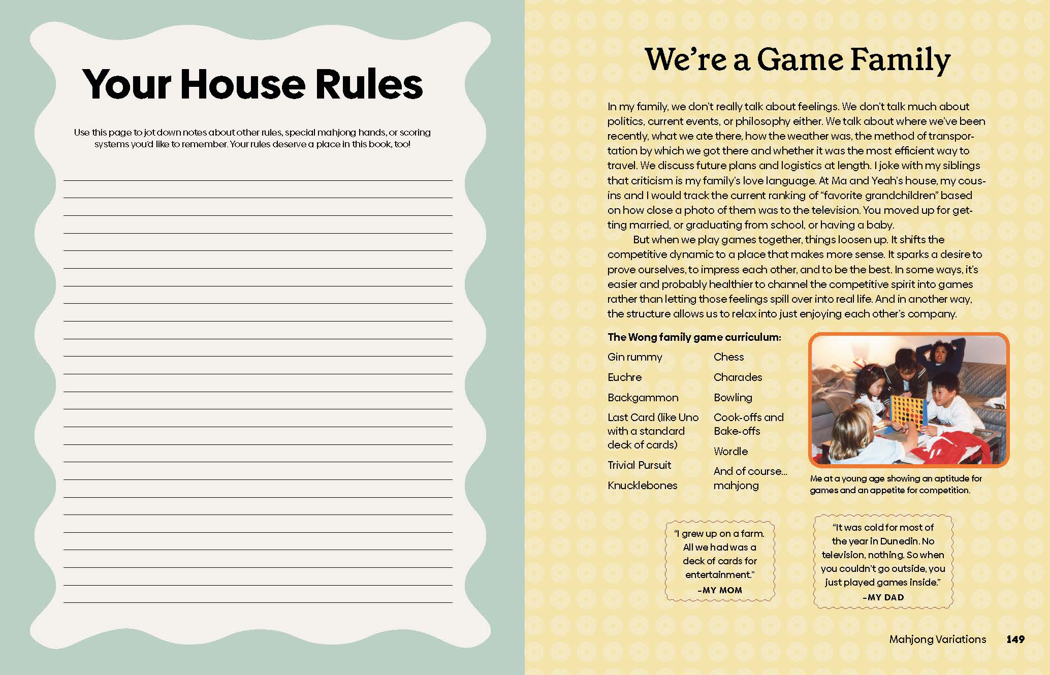 Mahjong set with House Rules template on left page, right page features games, lists, and beginner strategy guide.