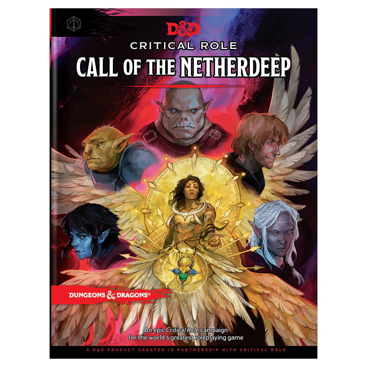 Critical Role: Call of the Netherdeep D&D Adventure Book cover featuring heroes and a glowing winged woman in Exandria.