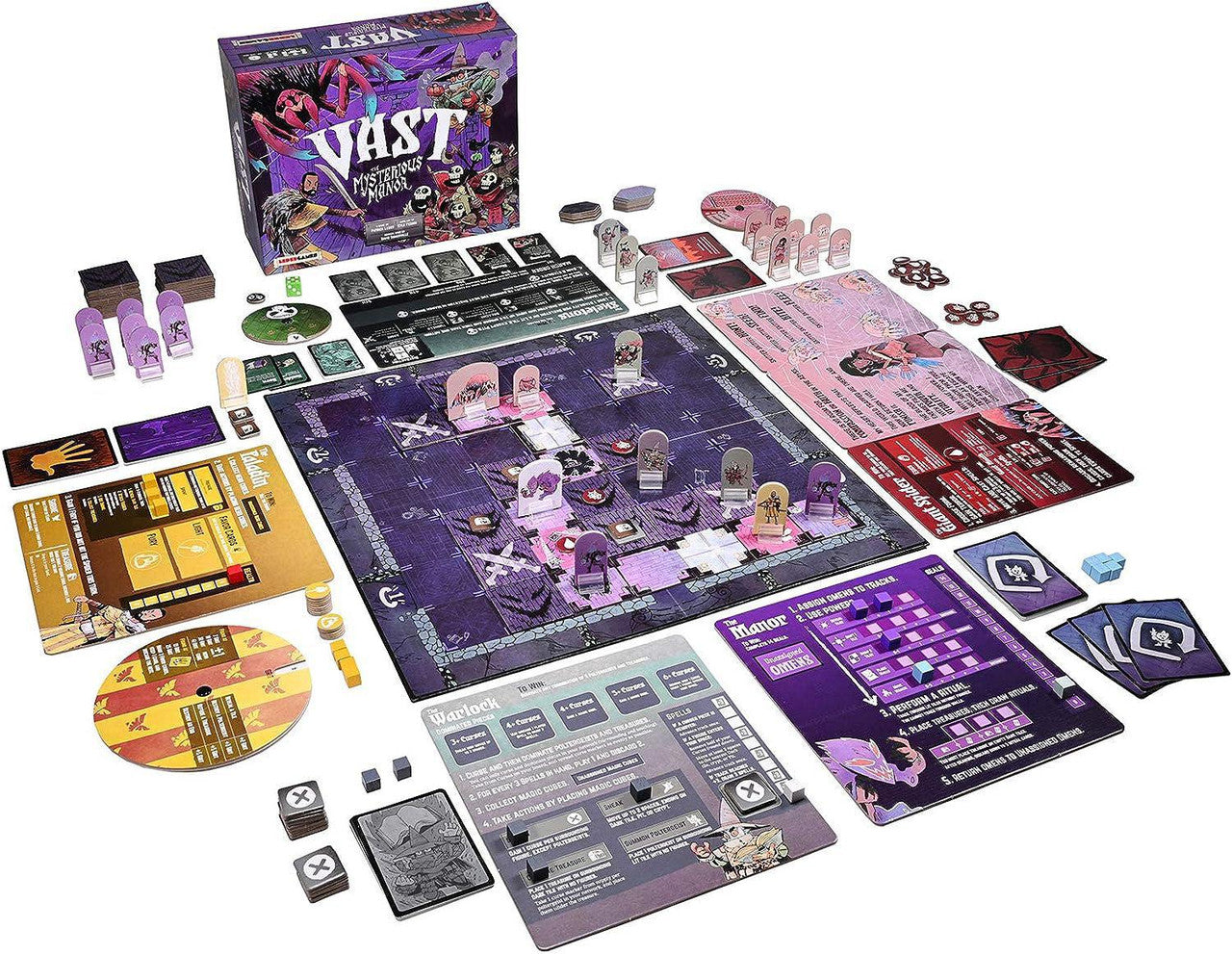 Vast The Mysterious Manor board game with cards, tokens, and boards.