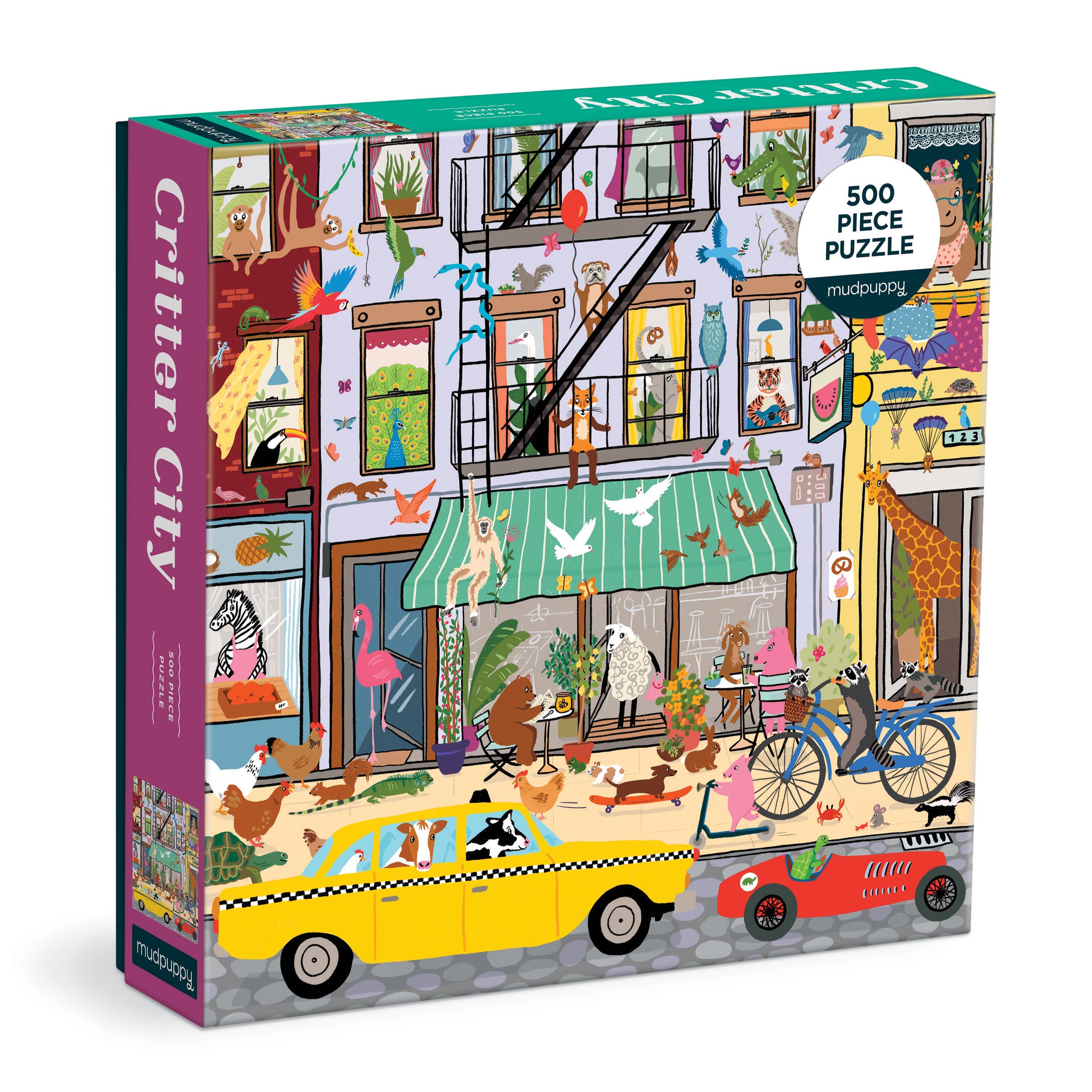 Critter City 500 Piece Family Puzzle featuring animals in a city setting, including buildings, cars, and streets.
