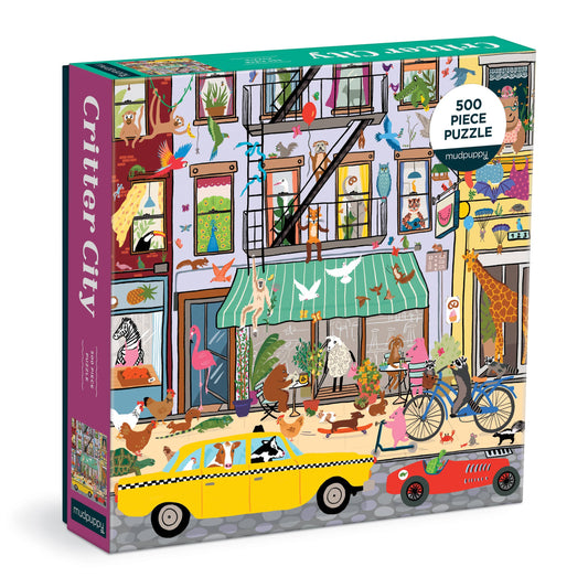 Critter City 500 Piece Family Puzzle featuring animals in a city setting, including buildings, cars, and streets.