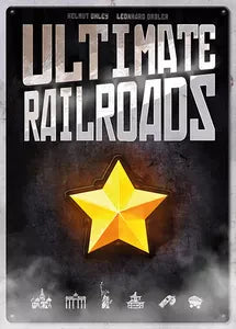 Ultimate Railroads board game box featuring a large yellow star and icons on a dark background.
