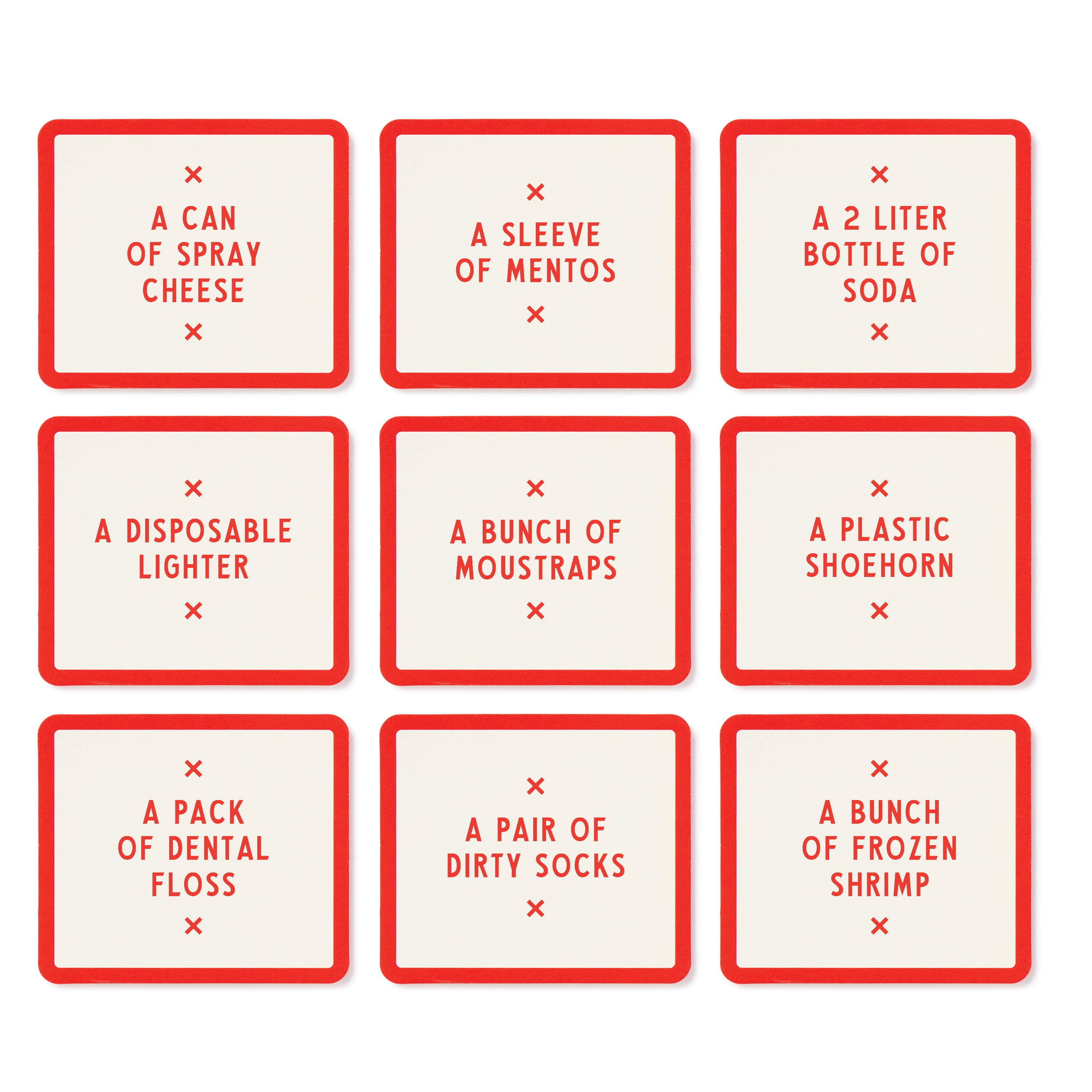 Nine red-bordered cards from Brass Monkey Not Today, Murder Game list random items for a party challenge game.