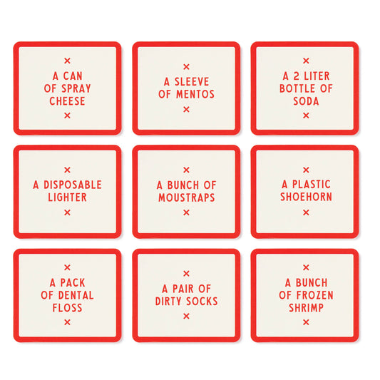 Nine red-bordered cards from Brass Monkey Not Today, Murder Game list random items for a party challenge game.