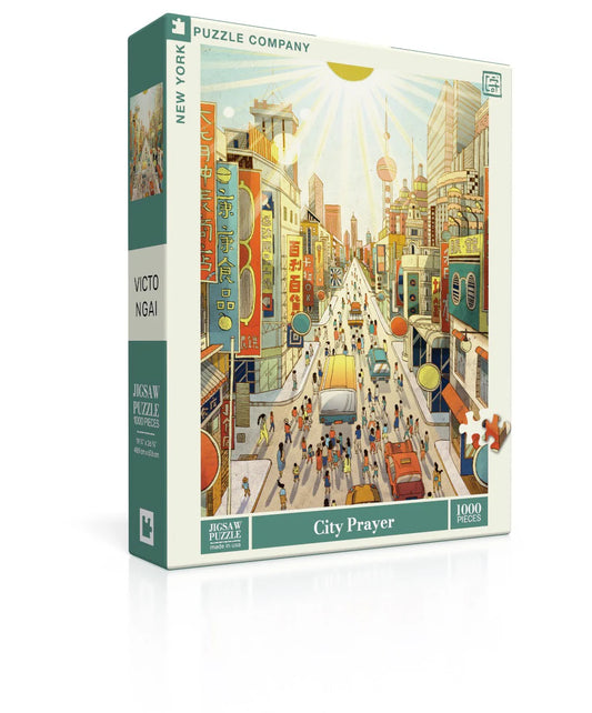City Prayer 1000 Piece Puzzle featuring a China street scene by Victo Ngai with city life and sunlight.