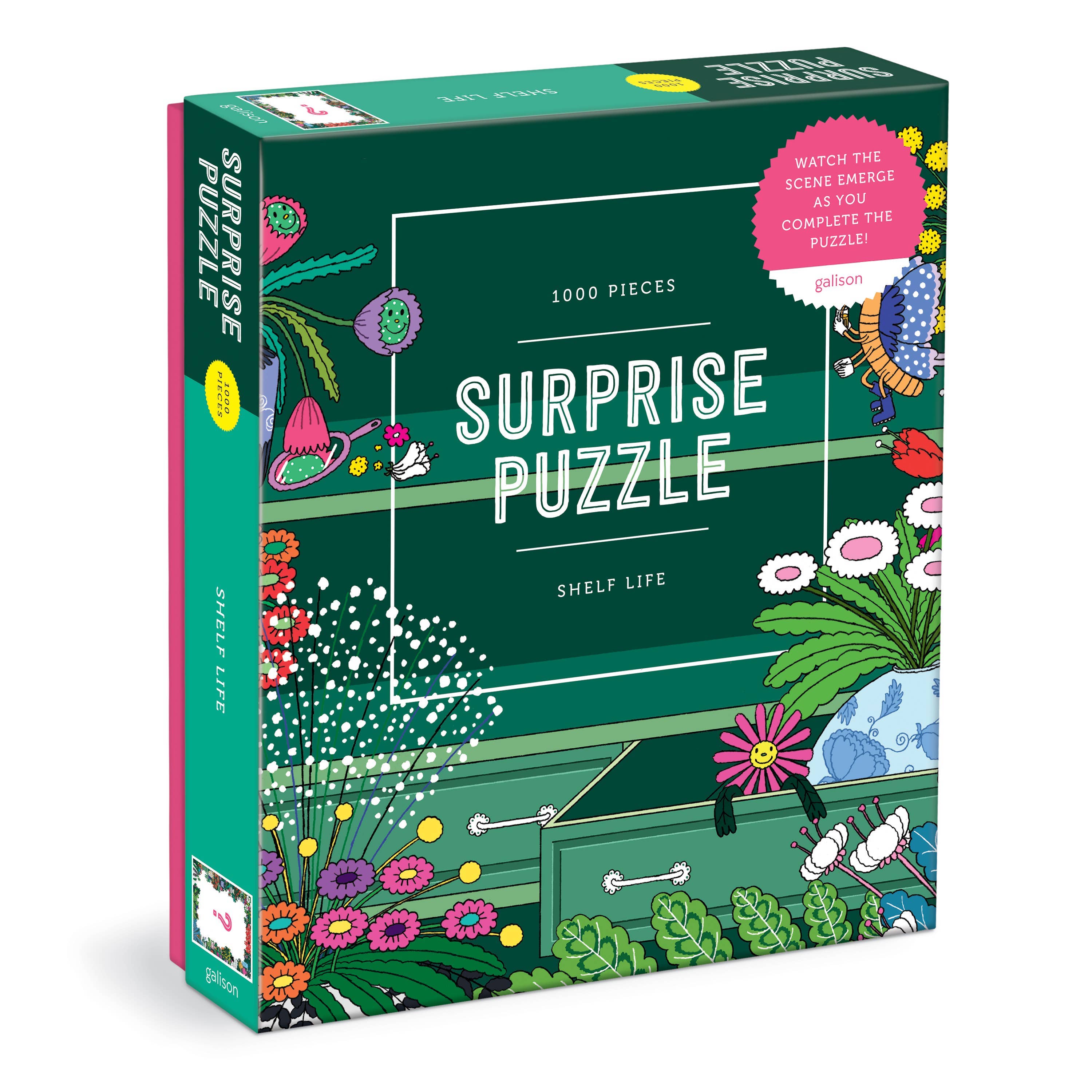 The Shelf Life 1000 Piece Surprise Puzzle by Galison with botanical illustrations of flowers, plants, and insects.
