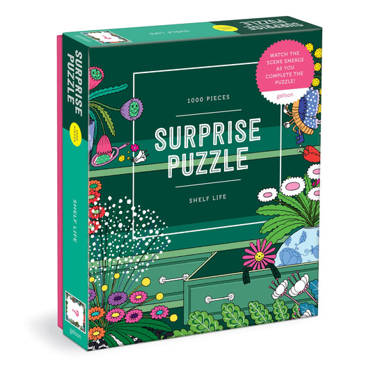 The Shelf Life 1000 Piece Surprise Puzzle by Galison with botanical illustrations of flowers, plants, and insects.