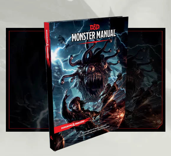 Monster Manual 5E Fifth Edition Dungeons and Dragons book with a beholder and lightning on the cover.