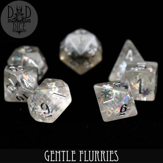 Gentle Flurries by DnD Dice: Set of seven translucent resin polyhedral dice with black numbers and silver sparkles.