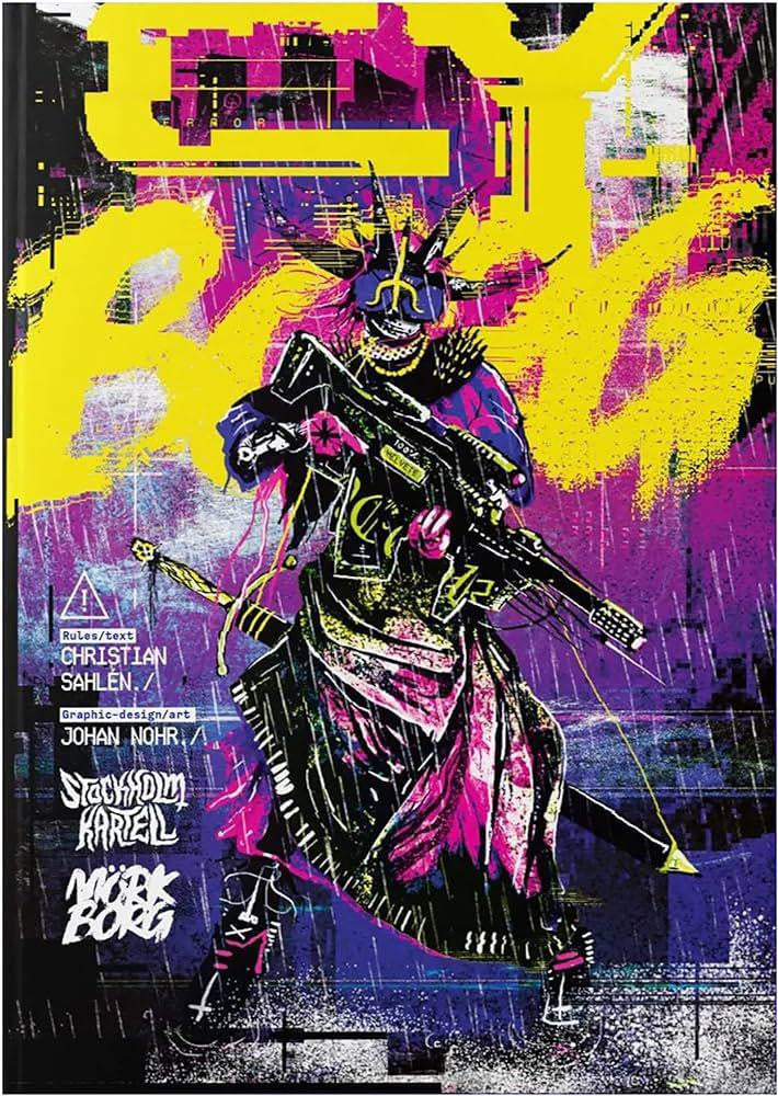 Cy Borg Core Rulebook RPG cover art featuring a cyberpunk warrior with a rifle and neon graffiti background.