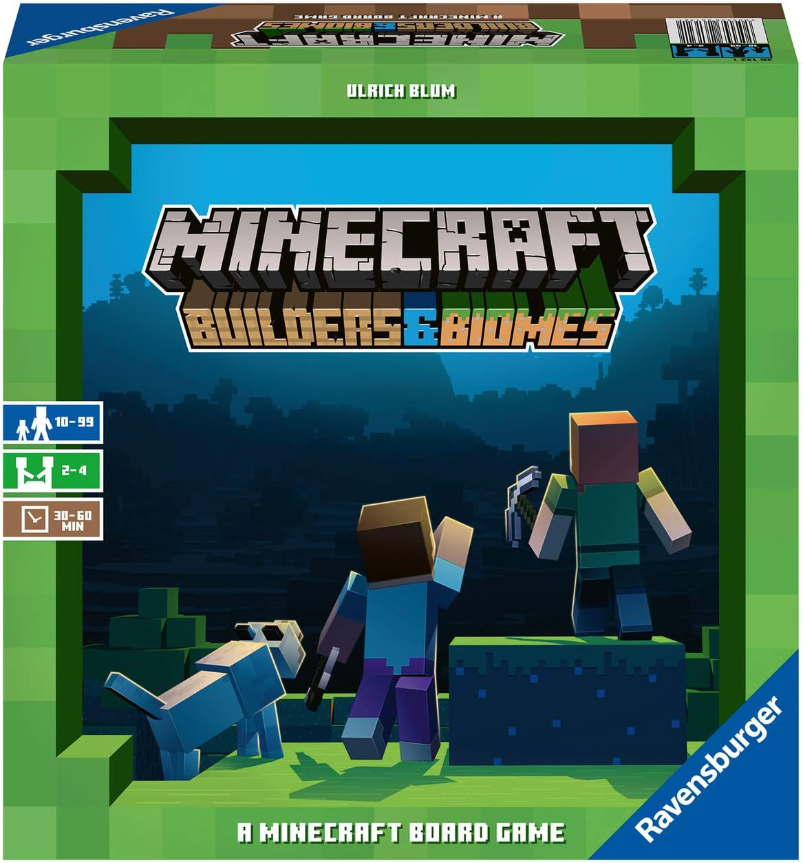 Minecraft Builders and Biomes Board Game box by Mojang featuring two characters and a dog in a pixelated landscape.