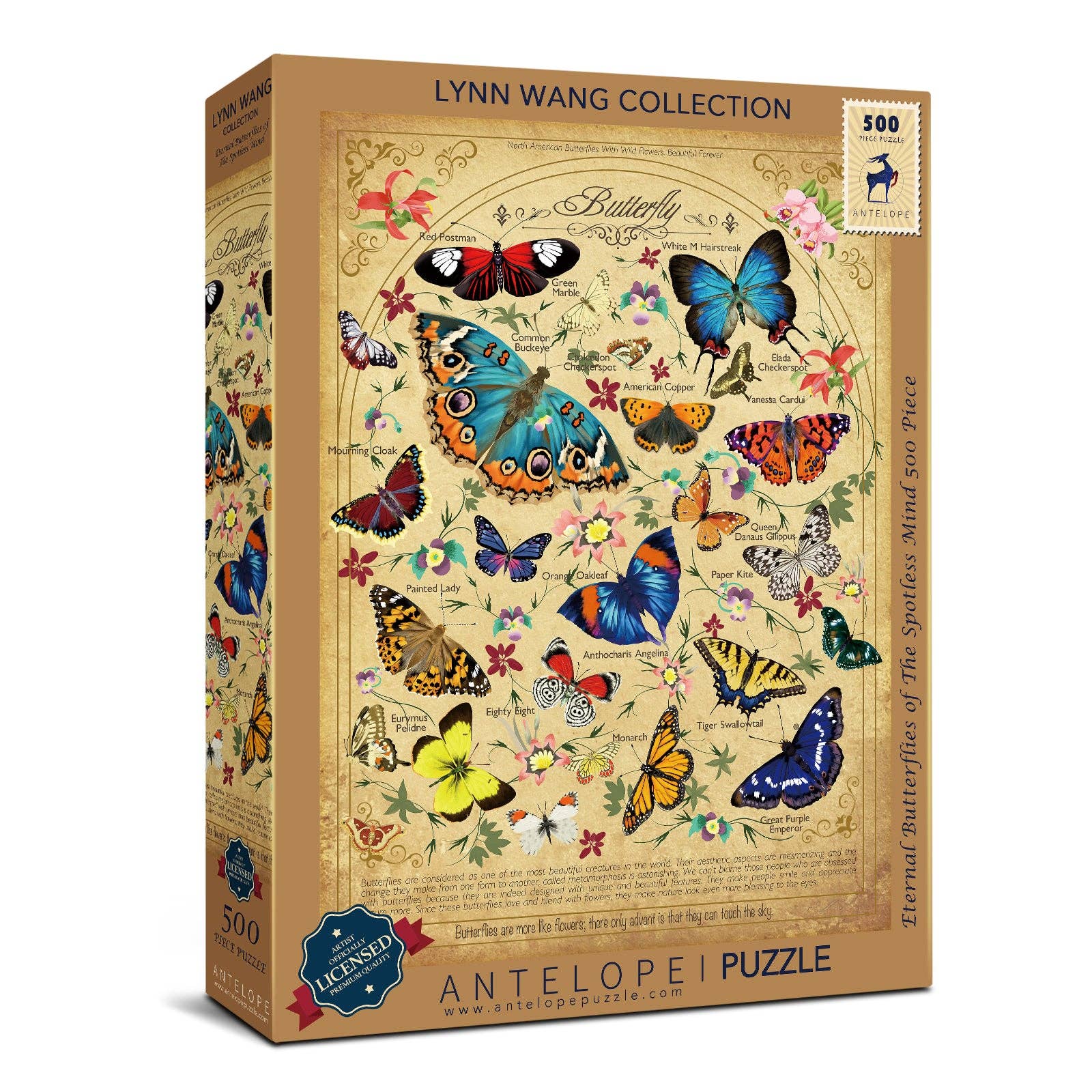 Eternal Butterflies of The Spotless Mind 500-piece puzzle featuring colorful butterflies on a vintage-style background.
