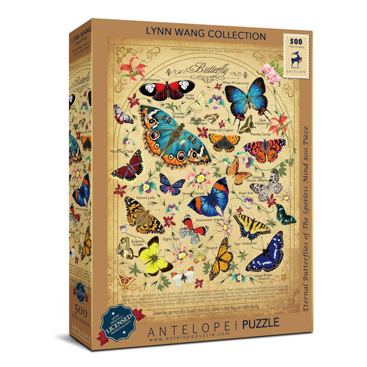 Eternal Butterflies of The Spotless Mind 500-piece puzzle featuring colorful butterflies on a vintage-style background.