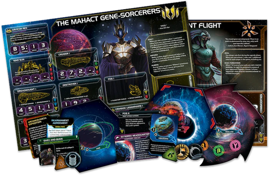 The Mahact Gene-Sorcerers boards, cards, planets, and tokens from Twilight Imperium: Prophecy of Kings Expansion.