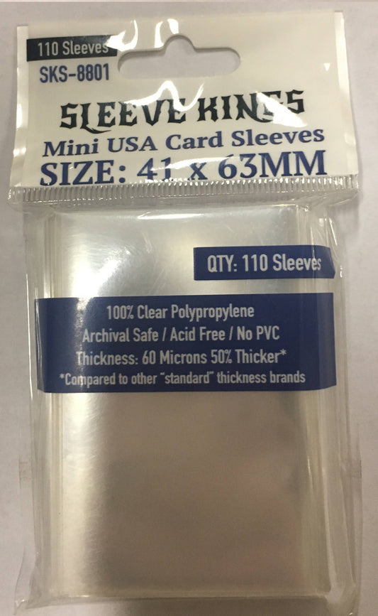 Sleeve Kings Mini USA Card Sleeves, pack of 110, 41x63mm, SKS-8801, 60-micron acid free polypropylene.