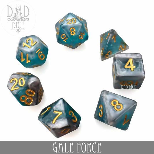 Seven teal and gray Gale Force resin polyhedral dice with gold numbers.