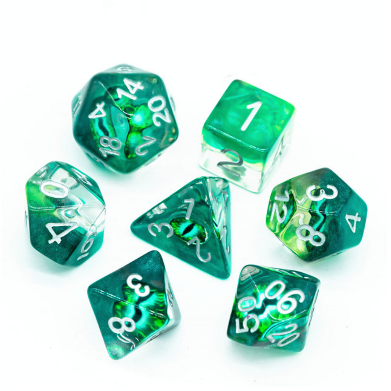 Jade Dragon Eye RPG Dice Set with seven green polyhedral dice featuring white numbers.