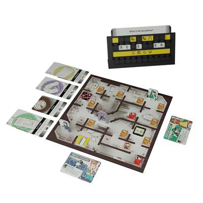 The Initiative board game with game board, cards, player pieces, and codebreaking decoder with letter tiles.