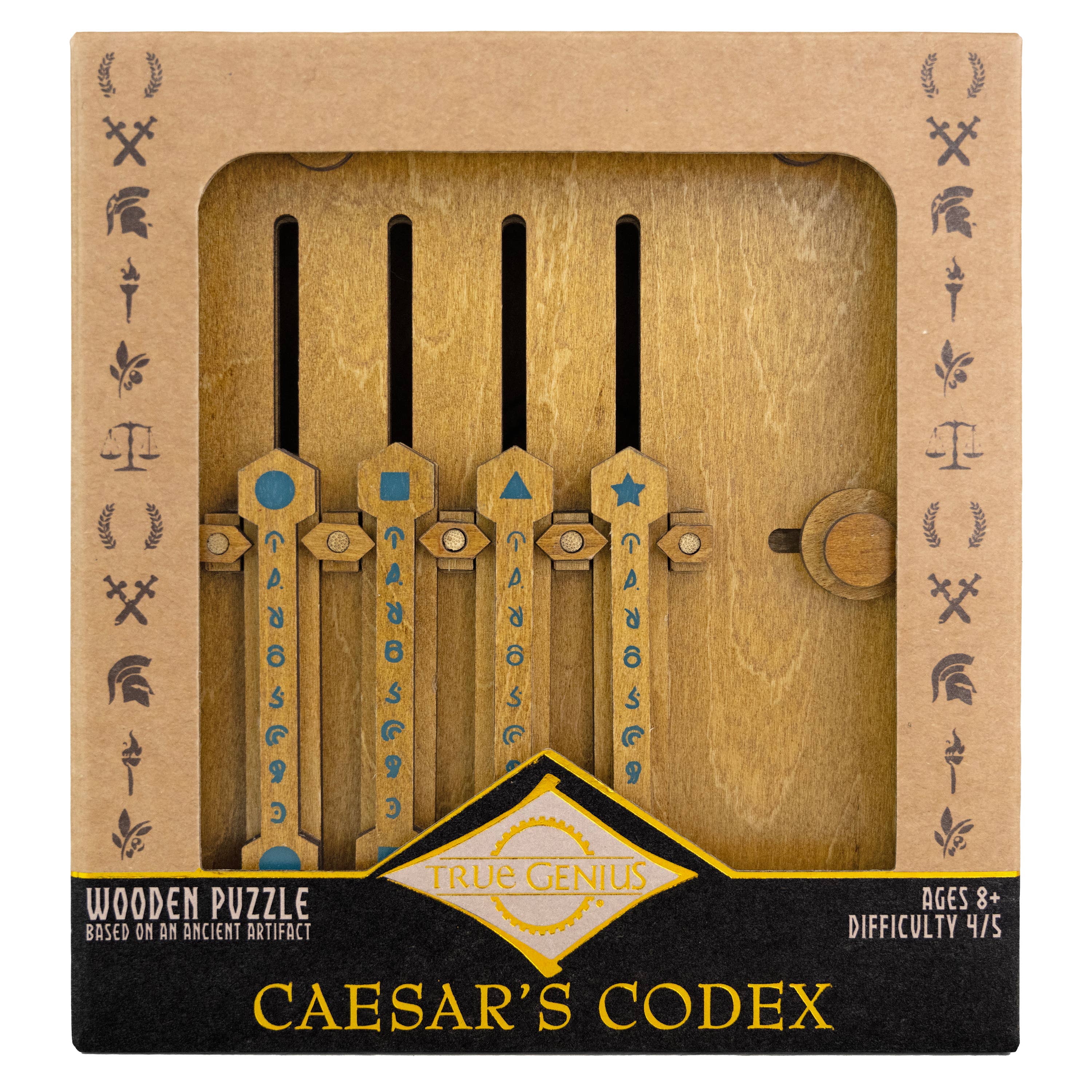 True Genius Caesar’s Codex Secret Puzzle Box with engraved symbols, shown with its ancient-themed packaging.